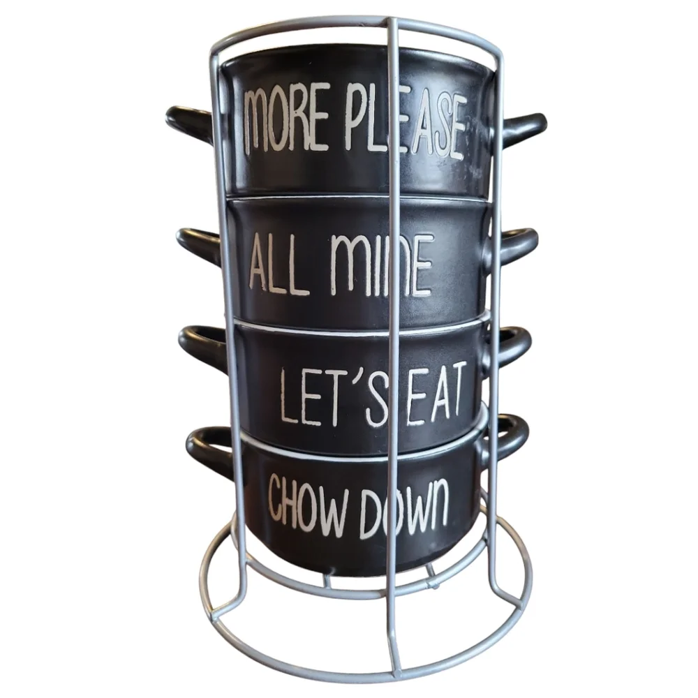Vtg Boston Warehouse 4 Handled Black Souper Bowls White Script With Metal Rack